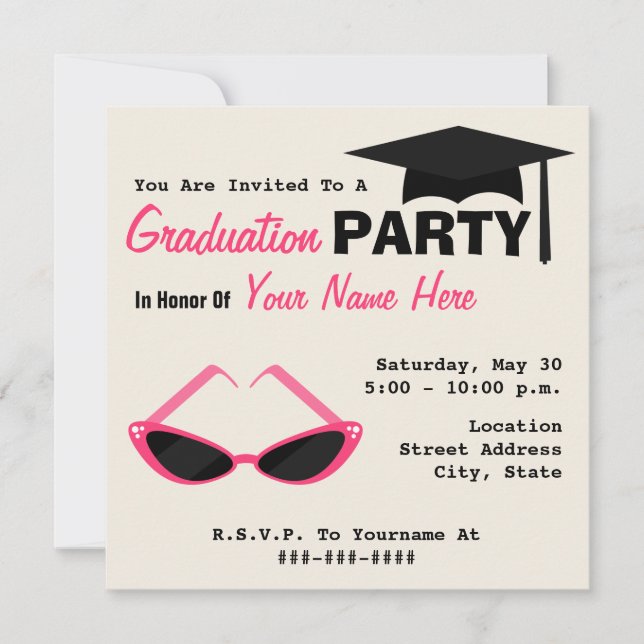 Graduation Party Retro Cat Eye Pink Sunglasses Invitation (Front)