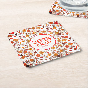 Graduation Party Retro Floral Square Paper Coaster