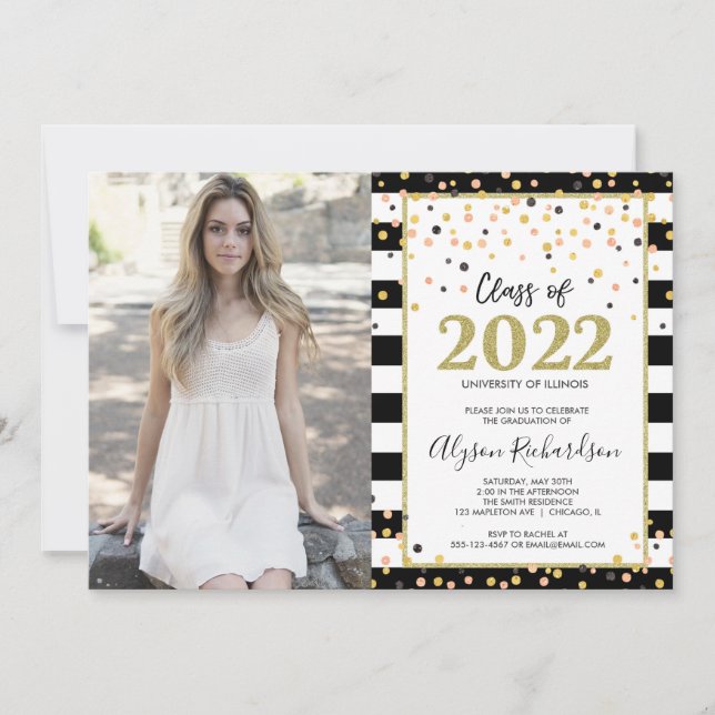 Graduation party rose gold black white photo invit invitation (Front)