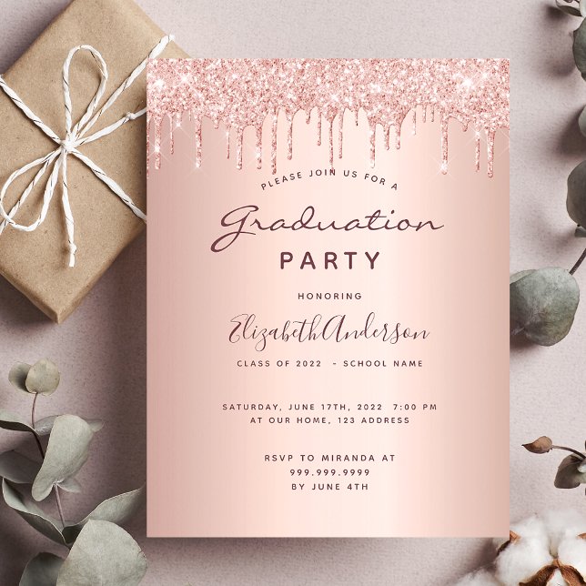 Graduation party rose gold glitter invitation 2025 postcard (Creator Uploaded)