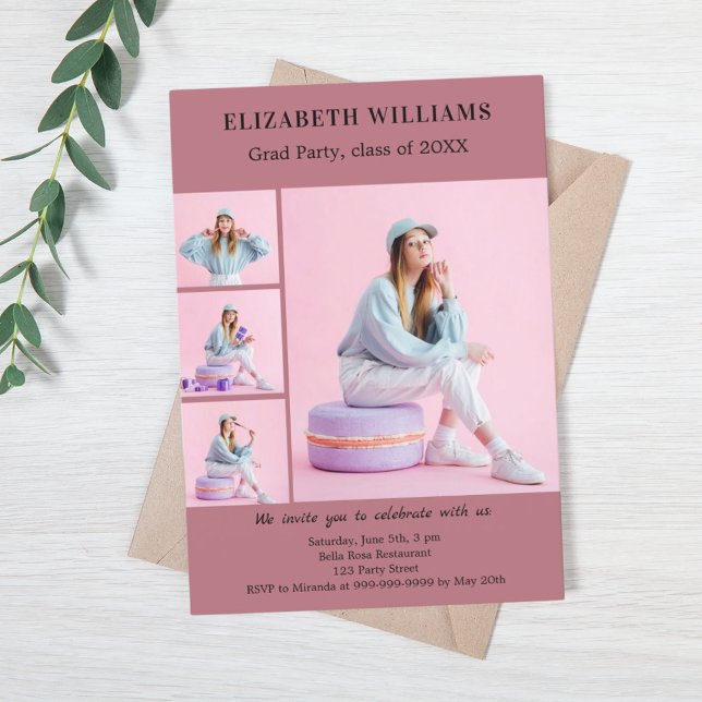 Graduation party rose gold photo collage invitation (Creator Uploaded)