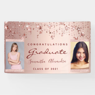 Graduation party rose gold stars two photo banner