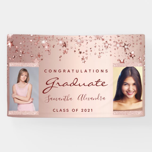 Graduation party rose gold stars two photo banner (Horizontal)
