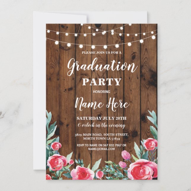 Graduation Party Roses Red Floral Wood Invite Grad (Front)