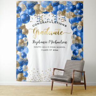 Graduation Party Royal Blue Gold Balloons Streamer Tapestry