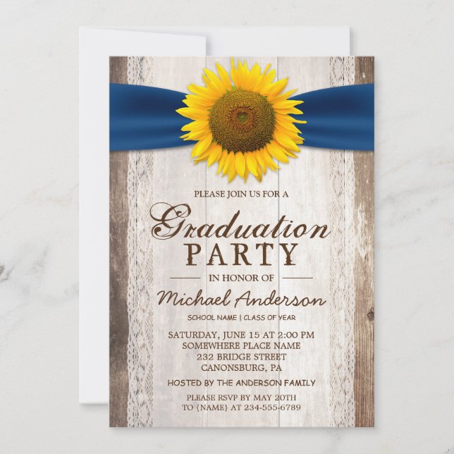 Graduation Party Rustic Barn Wood Sunflower Ribbon Invitation (Front)
