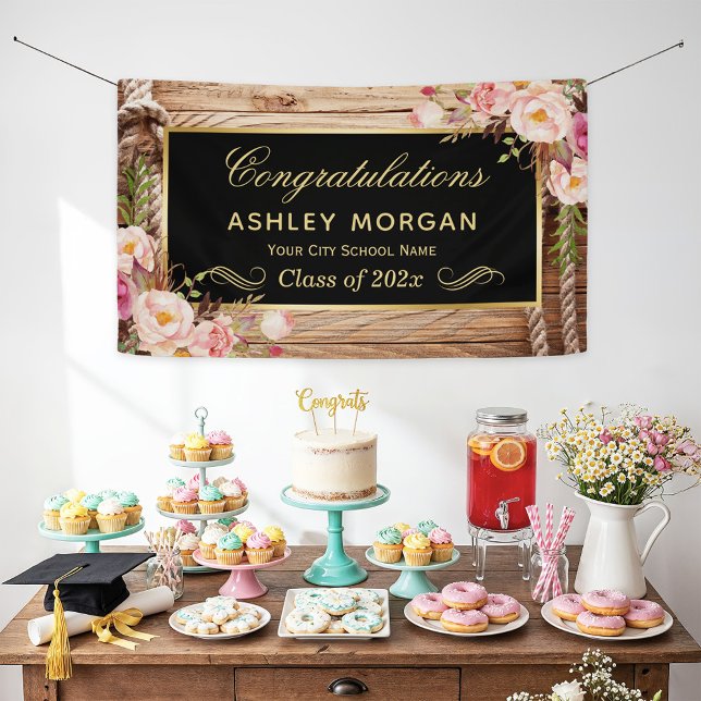 Graduation Party Rustic Country Wood Floral Banner (Creator Uploaded)