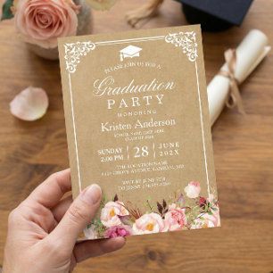 Graduation Party   Rustic Floral Frame Kraft Invitation