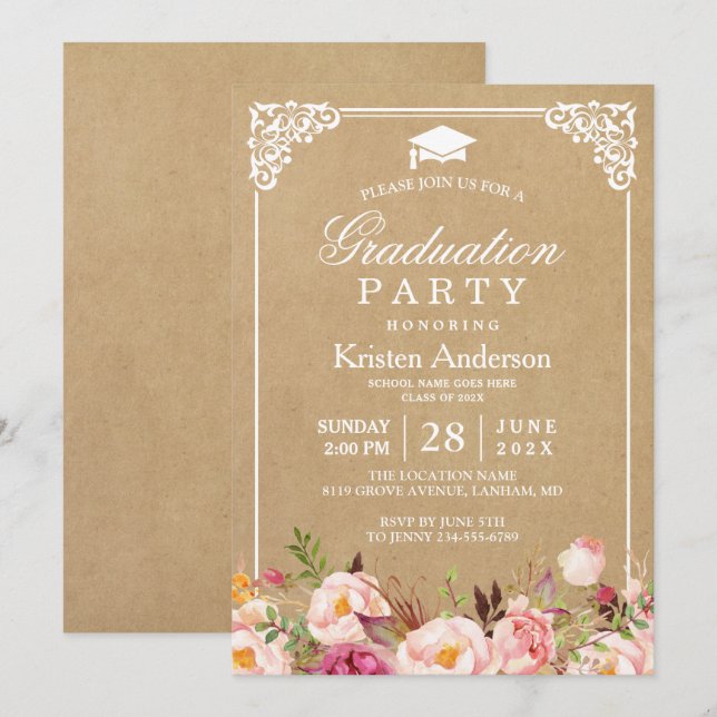 Graduation Party | Rustic Floral Frame Kraft Invitation (Front/Back)