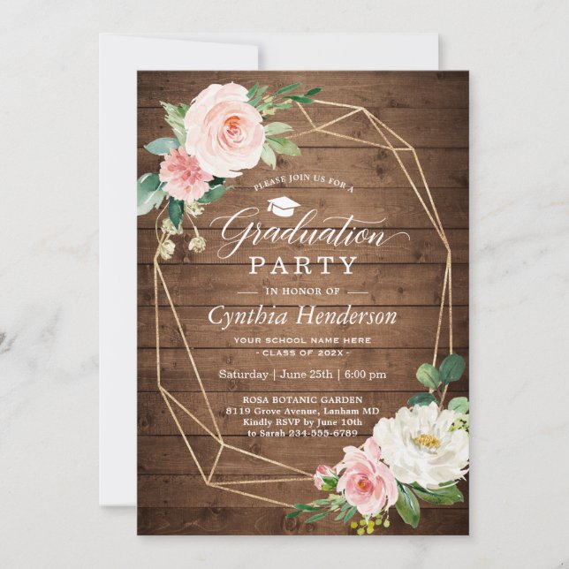 Graduation Party Rustic Geometric Blush Floral Invitation (Front)