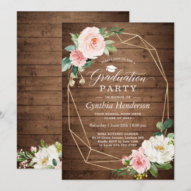 Graduation Party Rustic Geometric Blush Floral Invitation (Front/Back)
