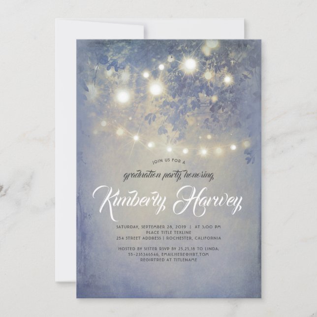 Graduation Party Rustic Lights Dusty Blue Invitation (Front)