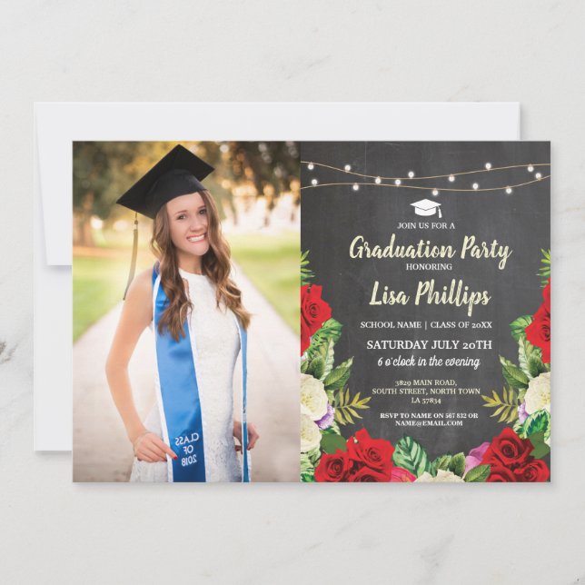 Graduation Party Rustic Red Roses Chalk Photo Invitation (Front)