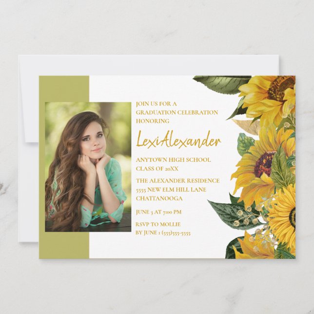 Graduation Party Rustic Sunflowers Photo Girl Invitation (Front)