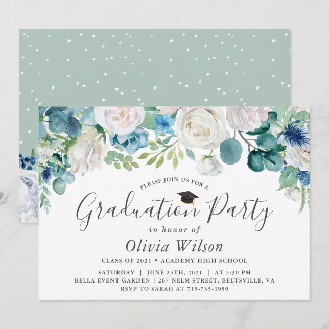 Graduation Party Sage Green Blue White Floral Invitation (Front/Back)