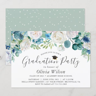 Graduation Party Sage Green Blue White Floral Invitation
