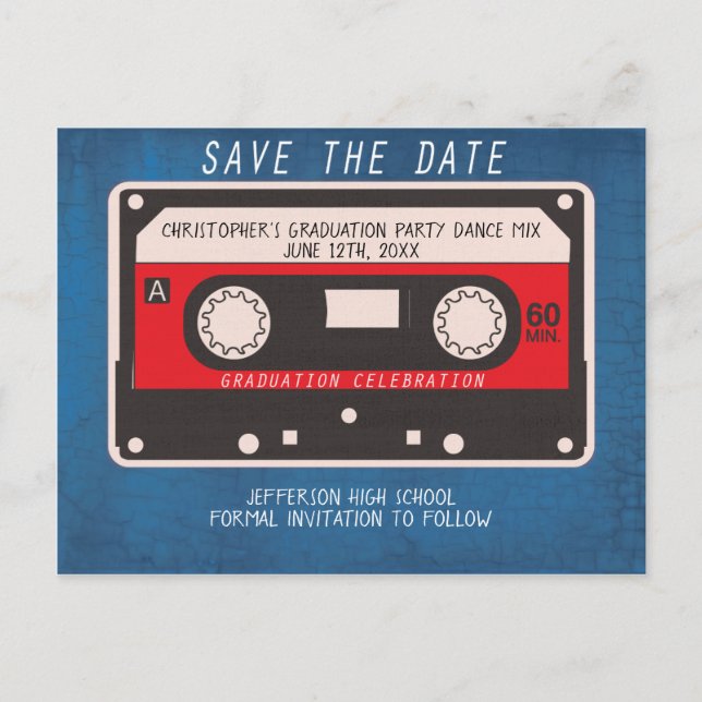 Graduation Party Save The Date Retro Tape Song Announcement Postcard (Front)