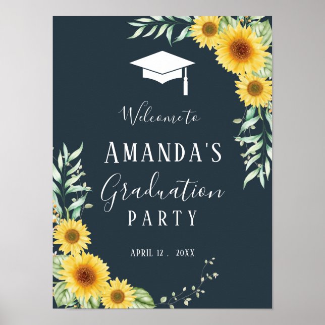 Graduation party sign sunflowers navy blue (Front)