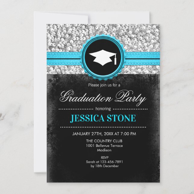 Graduation Party - Silver Black Turquoise Invitation (Front)