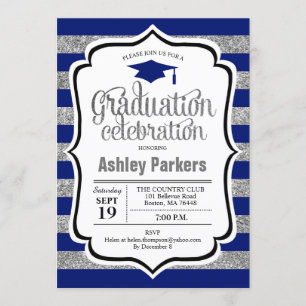 Graduation Party - Silver Navy Blue Stripes Invitation