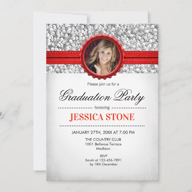 Graduation Party - Silver White Red Photo Invitation (Front)