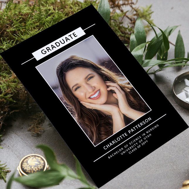 Graduation Party Simple Modern Script Photo Black Invitation (Creator Uploaded)