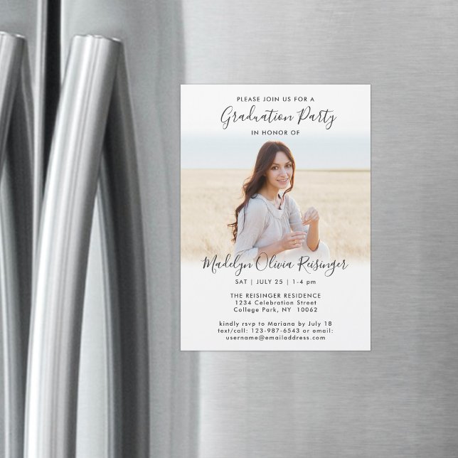 Graduation Party Simple Photo & Black White Script Magnetic Invitation (Creator Uploaded)