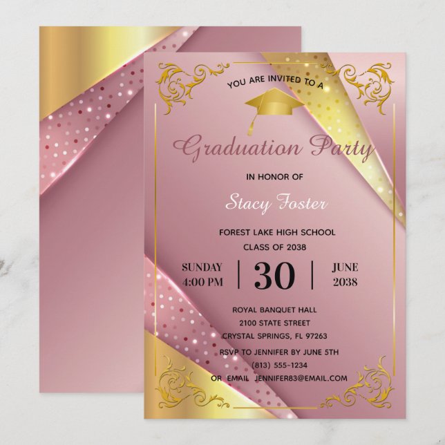 Graduation Party Sparkle Pink Satin Flourish Frame Invitation (Front/Back)