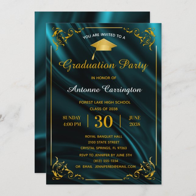 Graduation Party Sparkle Teal Satin Flourish Frame Invitation (Front/Back)