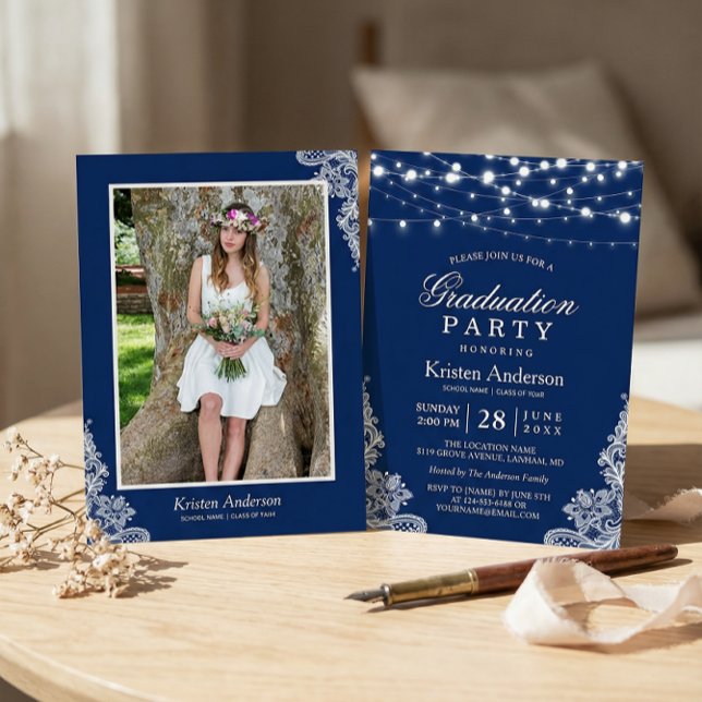 Graduation Party String Lights Lace Navy Blue Invitation (Creator Uploaded)