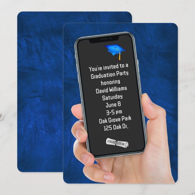Graduation Party Text Message On Blue Leather   Invitation (Front/Back)