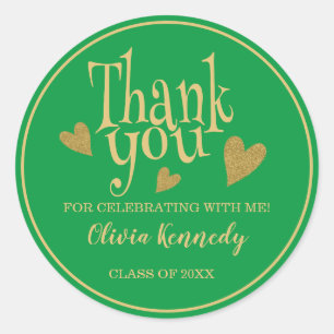 Graduation Party Thank You Green And Gold Classic Round Sticker