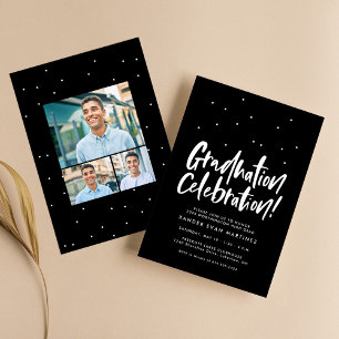 Graduation party three photo black white confetti invitation