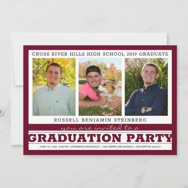 Graduation Party Three Photos Maroon & Silver Invitation (Front)