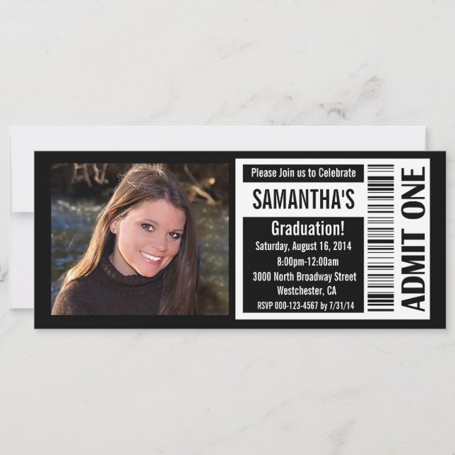 Graduation Party Ticket Invitations, Black White Invitation (Front)