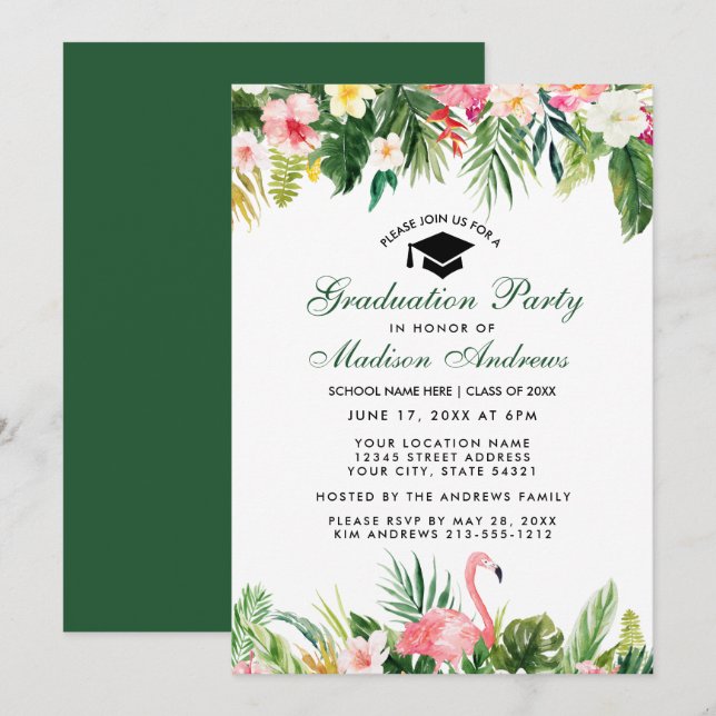 Graduation Party Tropical Floral Green Invitation (Front/Back)