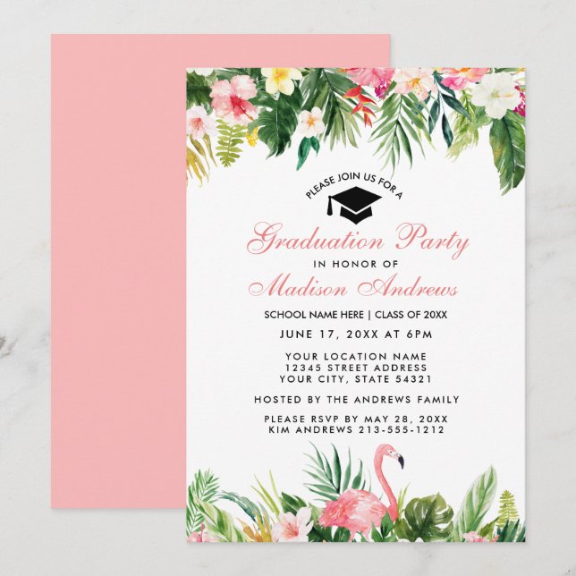 Graduation Party Tropical Floral Pink Invitation (Front/Back)
