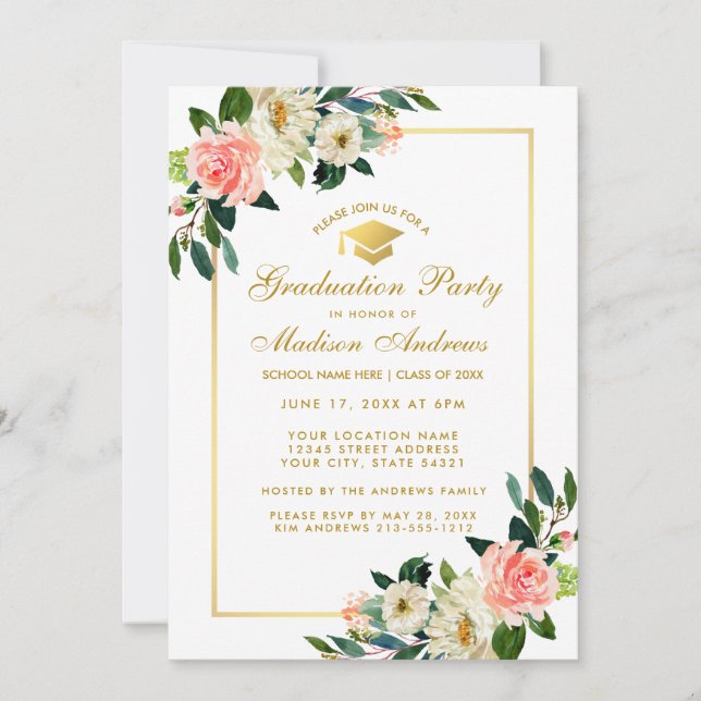 Graduation Party Tropical Pink Floral Gold Invite (Front)