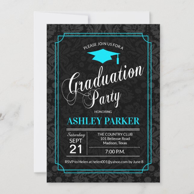 Graduation Party - Turquoise Black White Damask Invitation (Front)