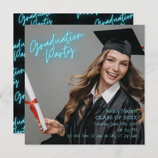 Graduation Party Turquoise Neon Modern Invitation (Front/Back)