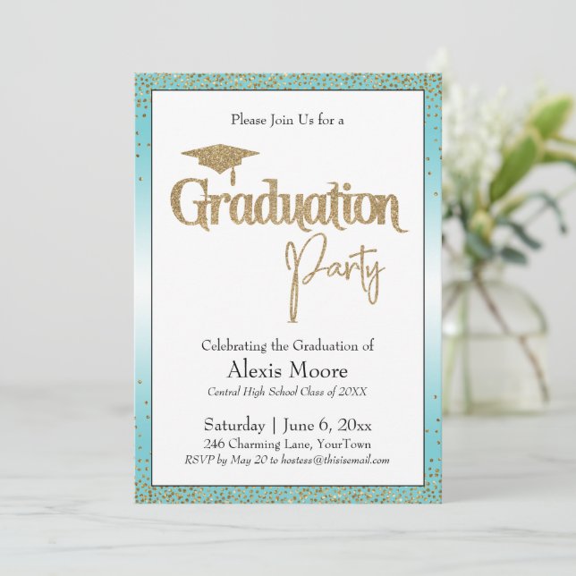 Graduation Party Turquoise Ombre Gold Confetti Invitation (Standing Front)