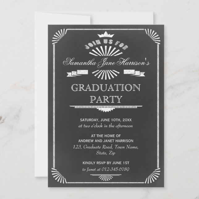 Graduation Party Vintage Chalkboard Art Deco Invitation (Front)
