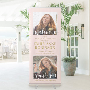 Graduation Party Welcome 2 Photo Blush Pink & Gold Retractable Banner