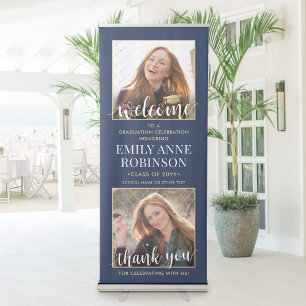 Graduation Party Welcome 2 Photo Navy Blue & Gold Retractable Banner
