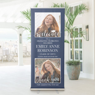 Graduation Party Welcome 2 Photo Navy Blue & White Retractable Banner