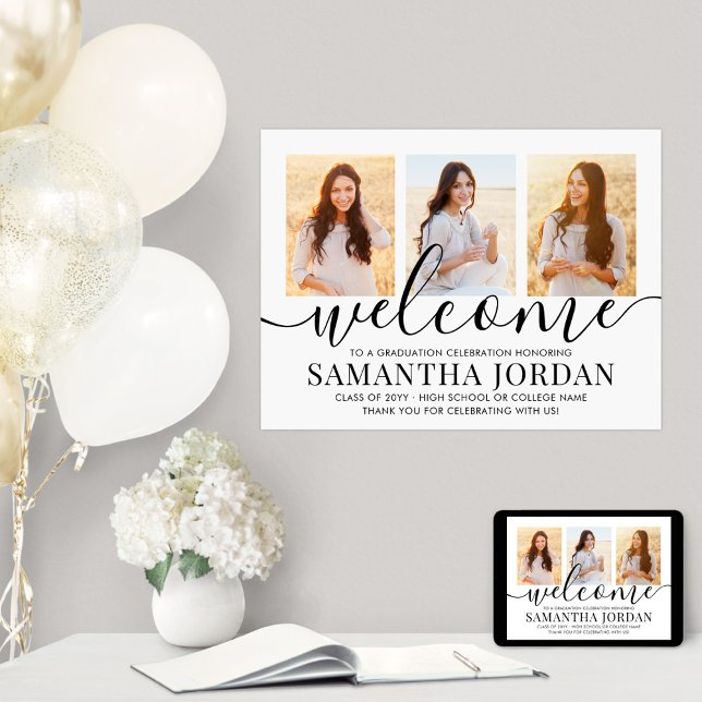 Graduation Party Welcome 3 Photo Collage White Poster (Creator Uploaded)