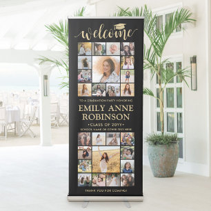 Graduation Party Welcome Photo Collage Black Gold Retractable Banner