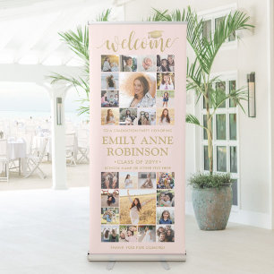 Graduation Party Welcome Photo Collage Blush Pink Retractable Banner