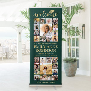 Graduation Party Welcome Photo Collage Green Gold Retractable Banner