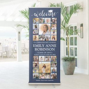 Graduation Party Welcome Photo Collage Navy Blue Retractable Banner